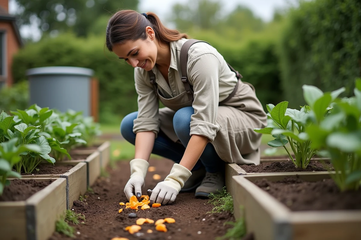 Femme jardinière posant des répulsifs naturels comme des épluchures d'orange pour éloigner les chats du potager