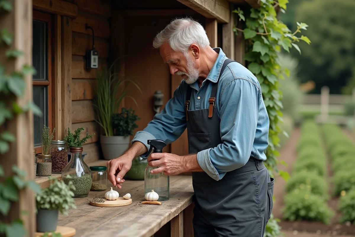 Jardinier préparant un répulsif naturel maison à base d'ail pour protéger son potager contre les insectes nuisibles