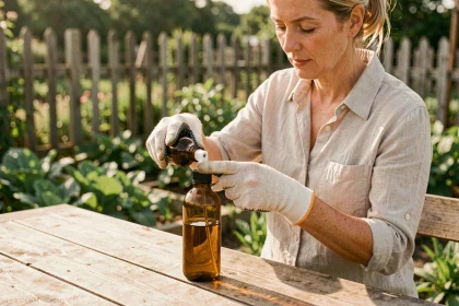 Femme préparant un répulsif anti-taon maison dans son jardin avec une bouteille en verre ambré