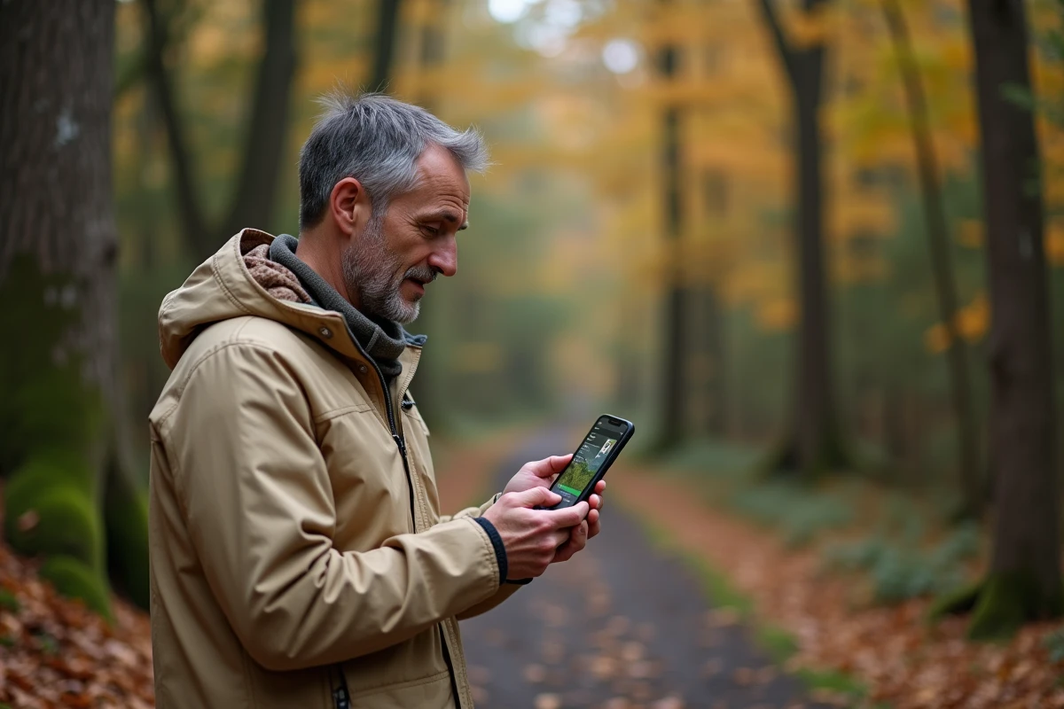 Homme consultant les résultats d'identification de plante sur PlantNet en forêt