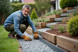 Homme posant une bordure de retenue sur un chemin en gravier en pente dans un jardin résidentiel avec traverses en bois