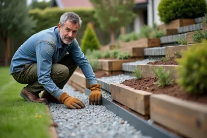 Homme posant une bordure de retenue sur un chemin en gravier en pente dans un jardin résidentiel avec traverses en bois