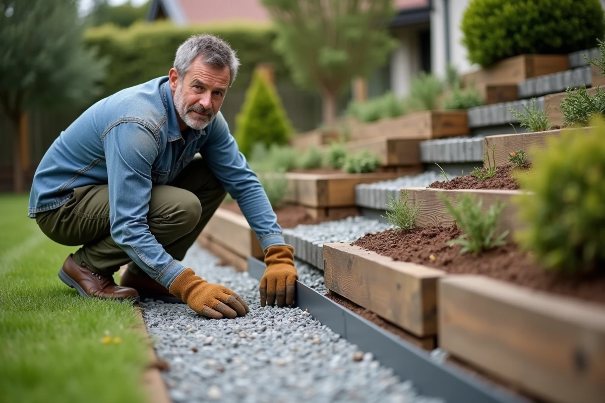 Homme posant une bordure de retenue sur un chemin en gravier en pente dans un jardin résidentiel avec traverses en bois