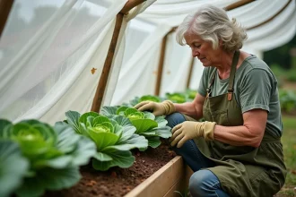 Jardinière soulevant le filet de protection sur des plants de choux dans un potager