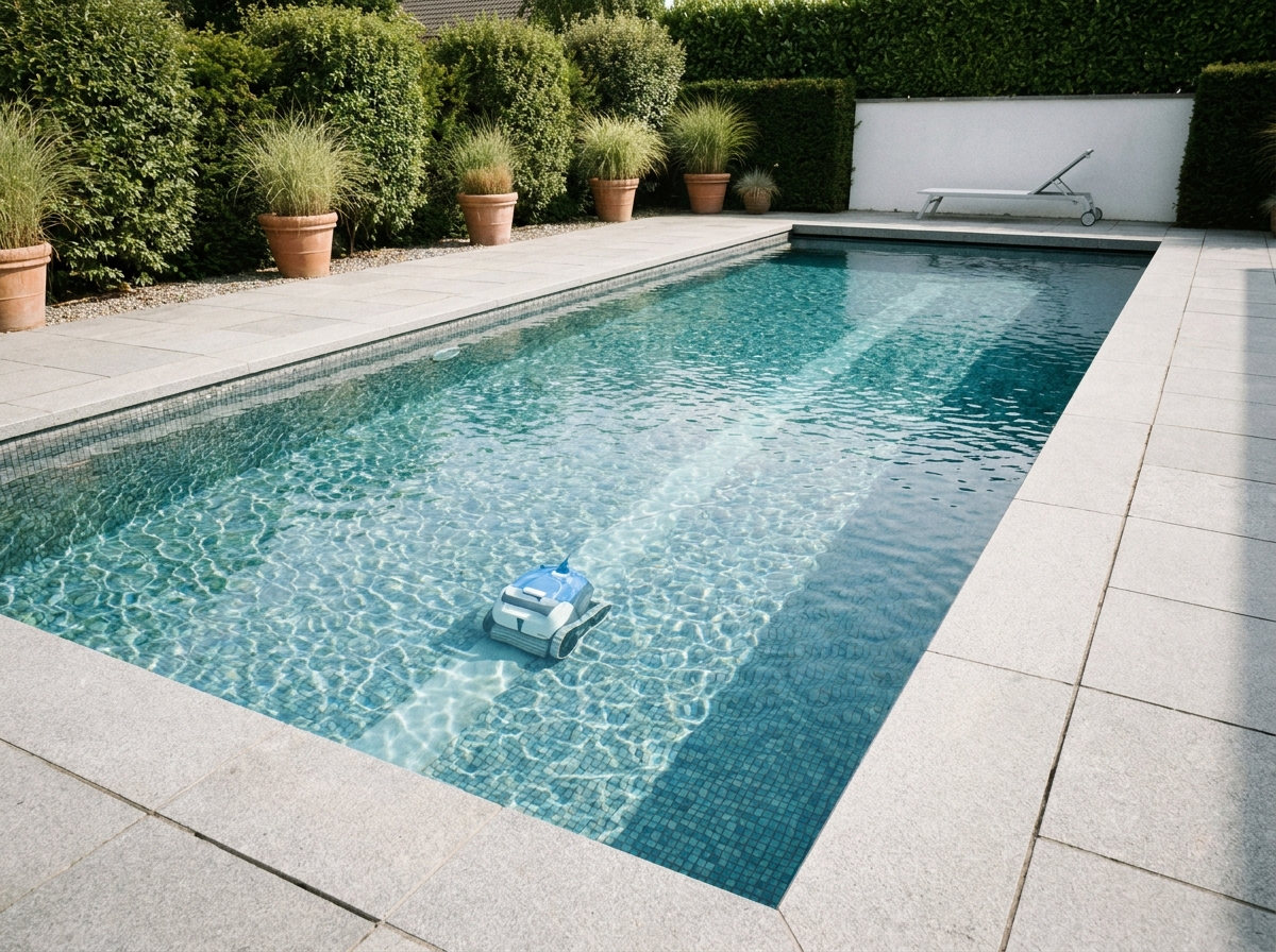 Robot de nettoyage automatique au fond d'une piscine de jardin entretenue