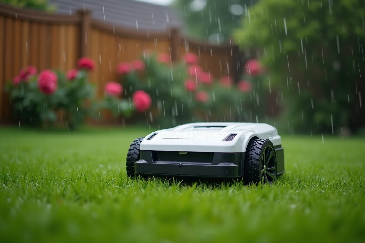 Robot tondeuse fonctionnant sous la pluie dans un jardin suburban avec herbe mouillée et clôture en bois