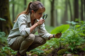 Botaniste examinant des végétaux verts en forêt tempérée, illustrant le rôle des plantes dans l'environnement