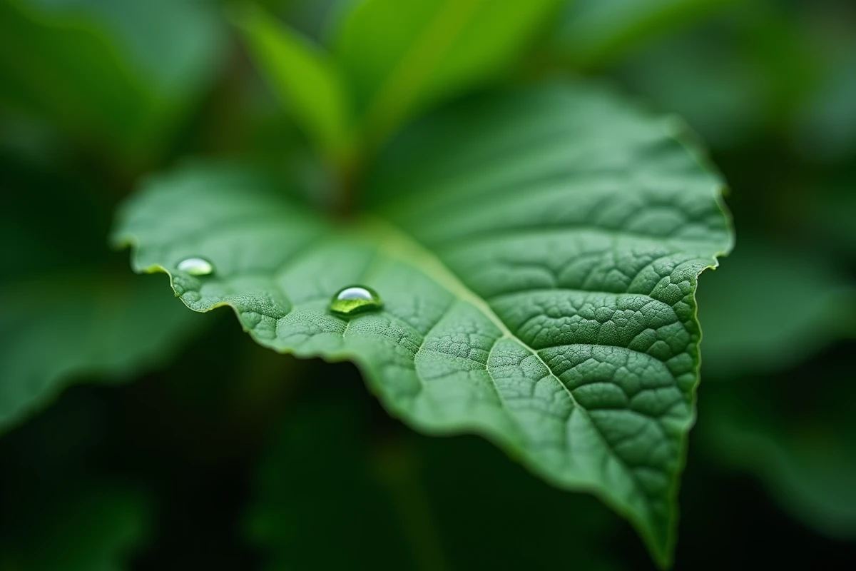 Gros plan sur une feuille verte avec détails de nervures et gouttes d'eau, symbolisant la photosynthèse et le rôle des végétaux