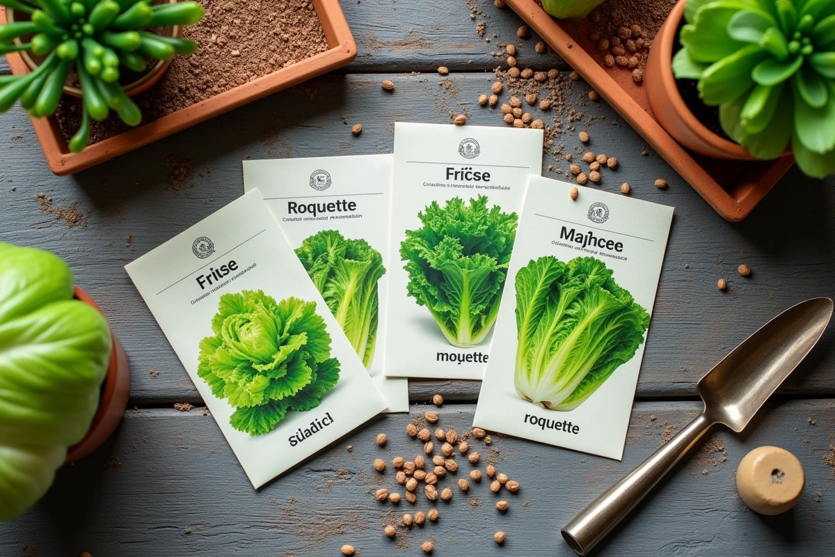 Sachets de graines de salades variées, mâche et roquette posés sur une table de jardinage en bois