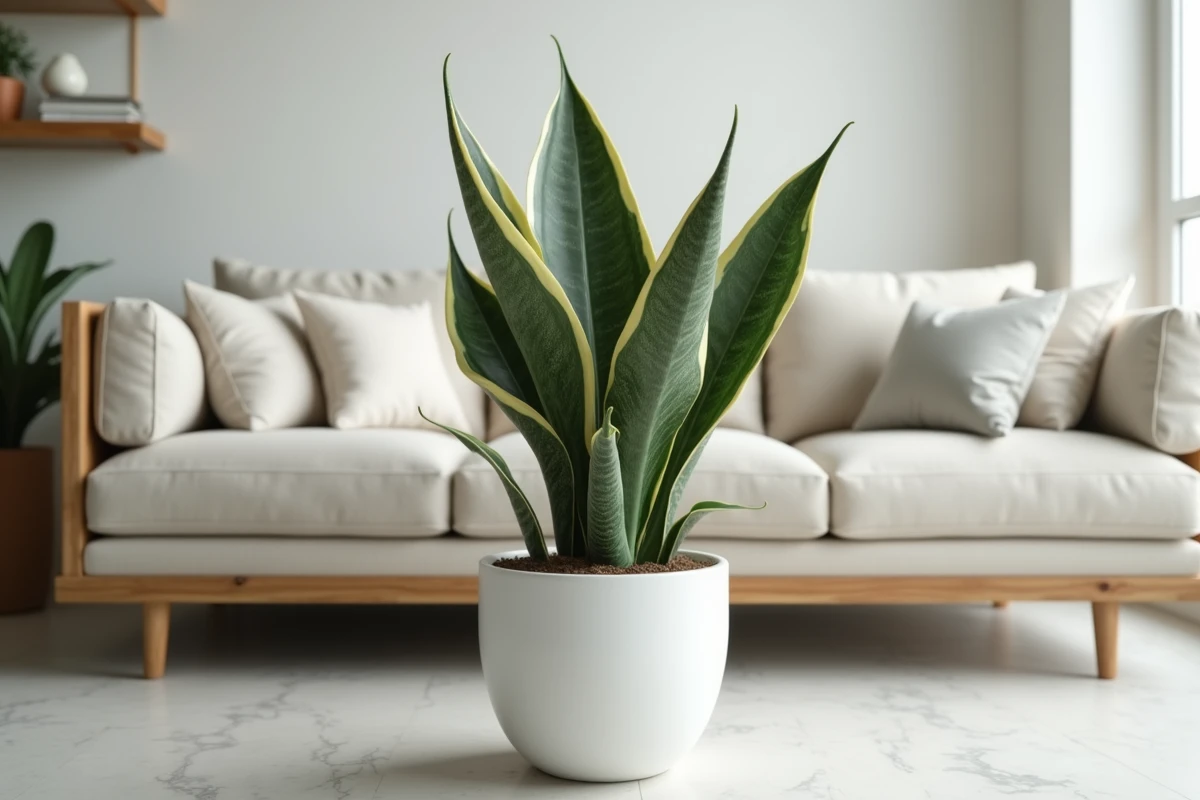 Sansevieria ou langue de belle-mère en pot blanc dans un salon moderne, plante reconnue pour sa production d'oxygène la nuit