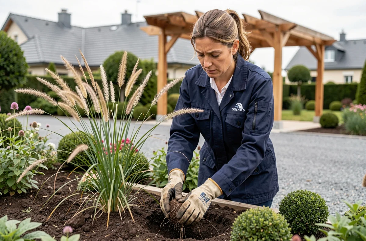 Horticultrice de Sarl Paysages Comtoises plantant des graminées ornementales dans un massif fraîchement préparé dans un jardin à Vesoul