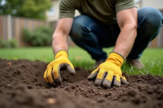 Homme en train de semer des graines de gazon à la main sur une terre fraîchement préparée dans un jardin