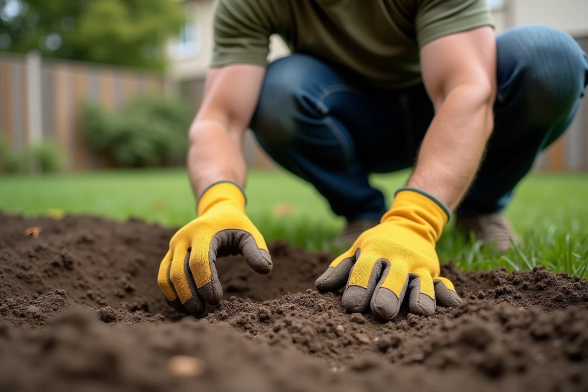Homme en train de semer des graines de gazon à la main sur une terre fraîchement préparée dans un jardin
