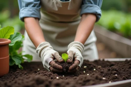 Femme qui sème des graines de salade dans un potager surélevé en bois au printemps