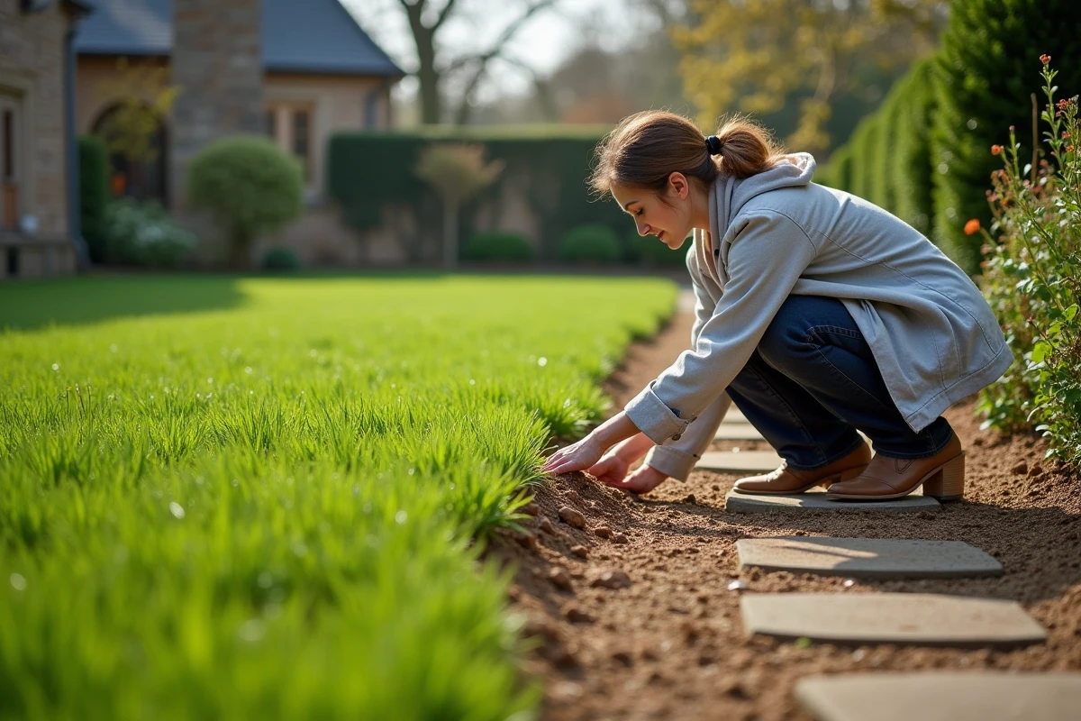 Femme inspectant une zone de gazon nouvellement semée au printemps dans un grand jardin