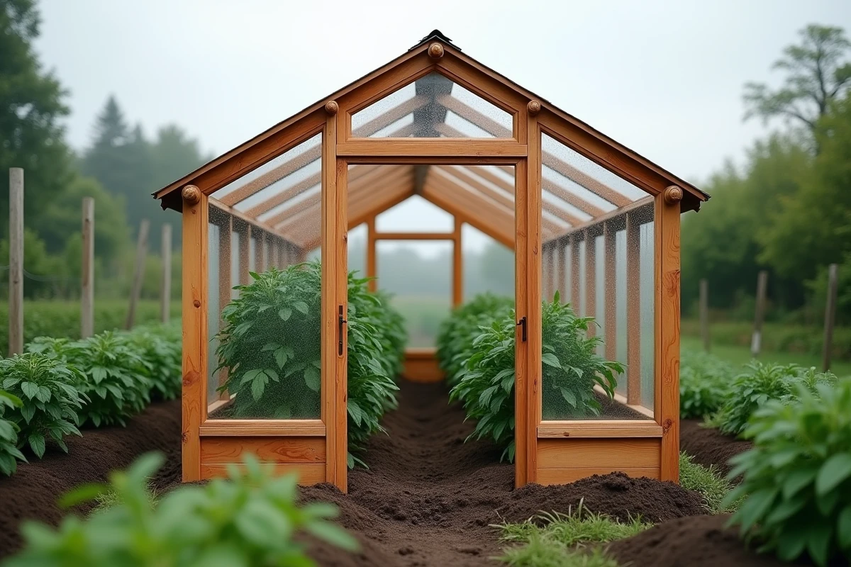 Serre en bois et verre dans un potager avec des plants de tomates et légumes verts à l'intérieur