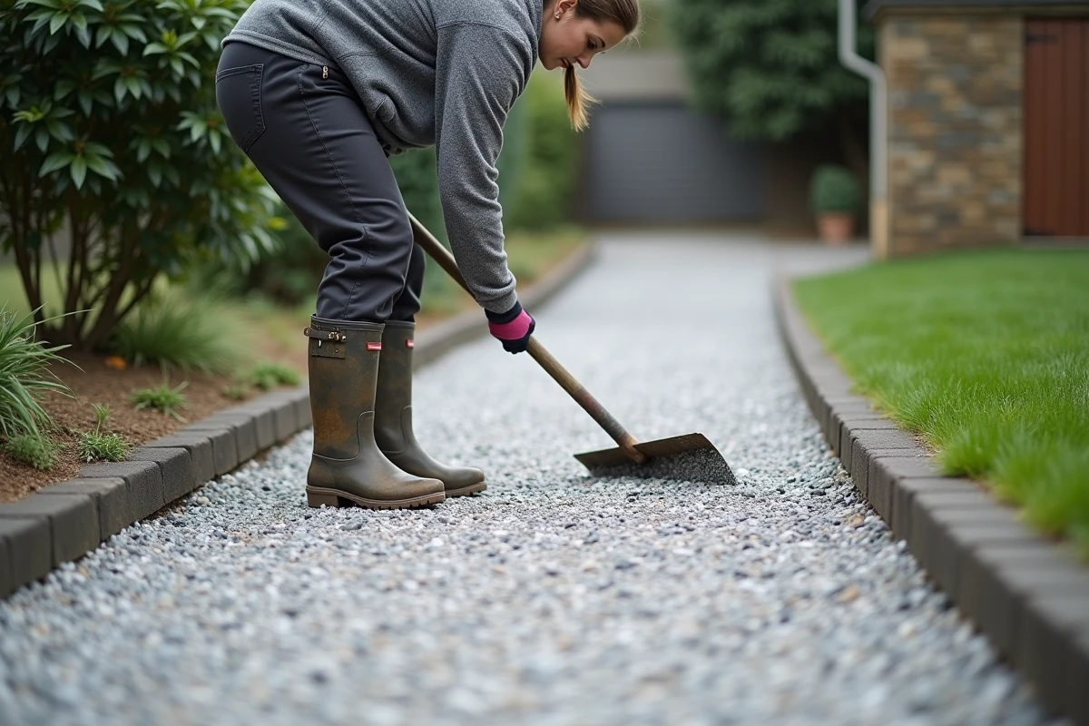 Femme ratissant du gravier décoratif sur une allée en pente avec bordures en béton et géotextile visible