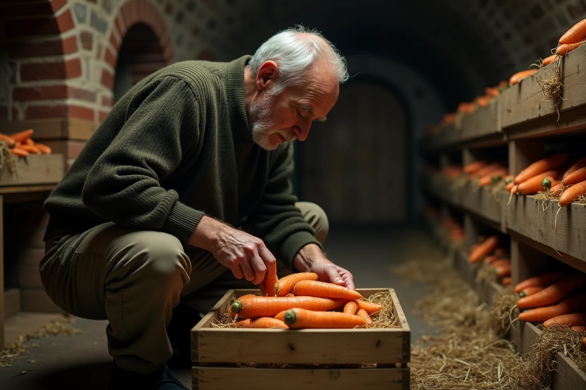 Homme âgé rangeant des carottes enveloppées dans du papier journal dans une cave de stockage hivernale traditionnelle