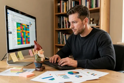 Homme analysant des stratégies de record mondial sur le nain de jardin Google devant un écran d'ordinateur avec un nain de jardin en céramique posé sur le bureau