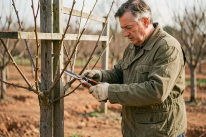 Jardinier taillant un jeune pêcher de vigne en formation gobelet dans un verger français en hiver