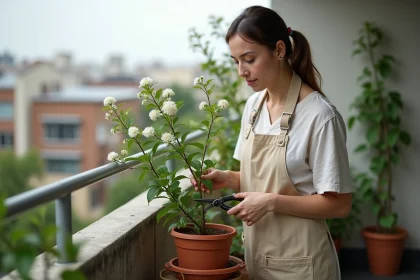 Femme taillant un jasmin étoilé en pot sur un balcon urbain avec un sécateur