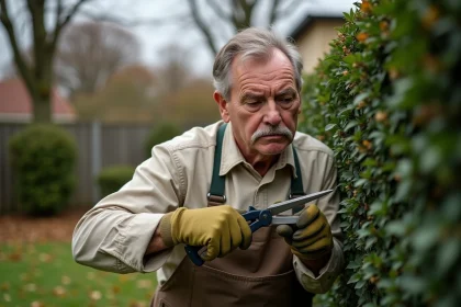 Jardinier taillant une haie de lauriers à l'automne avec des sécateurs manuels avant l'hiver