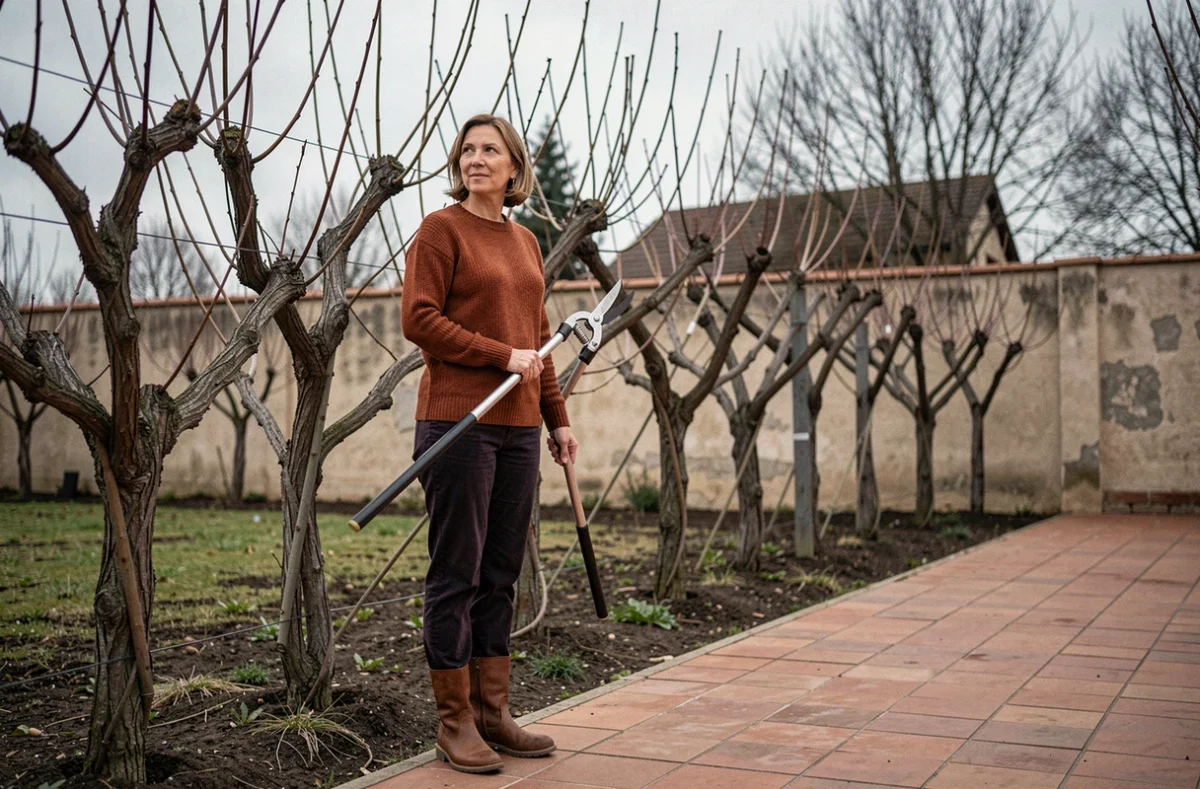 Femme évaluant la taille de pêchers de vigne en palmette le long d'un mur de jardin en fin d'hiver