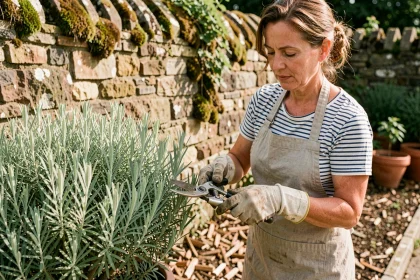 Femme jardinière taillant une sauge arbustive avec un sécateur dans un jardin éco-responsable en pierre naturelle