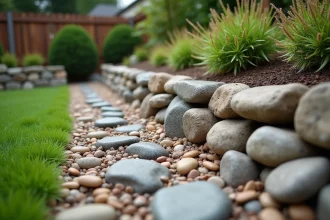 Talus de jardin stabilisé avec des cailloux et des plantes couvre-sol entre les pierres naturelles