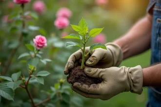 Mains de jardinier tenant une tige rebelle au pied d'un rosier, avec feuillage différent du porte-greffe