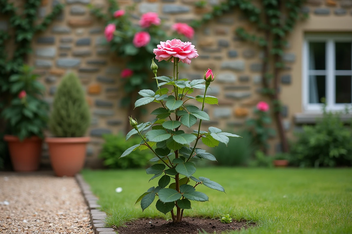 Rosier en jardin avec une tige sauvage émergeant sous la greffe, distincte du reste du buisson