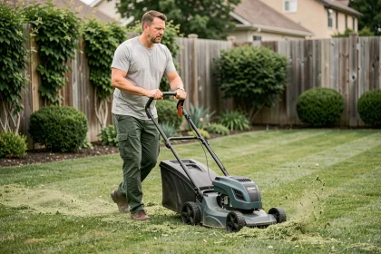 Homme utilisant une tondeuse sur batterie pour tondre et mulcher sa pelouse dans un jardin verdoyant
