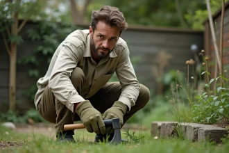 Homme utilisant une faucille manuelle pour tondre l'herbe dans un petit jardin urbain sans tondeuse
