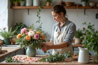 Femme préparant et taillant des fleurs fraîches sur une table en bois rustique dans une cuisine campagnarde