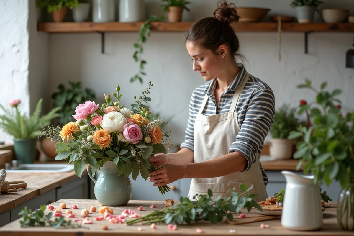 Femme préparant et taillant des fleurs fraîches sur une table en bois rustique dans une cuisine campagnarde