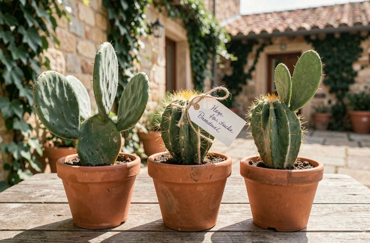Trio de petits cactus en pots de terre cuite avec étiquette cadeau manuscrite sur une table en bois dans une cour méditerranéenne