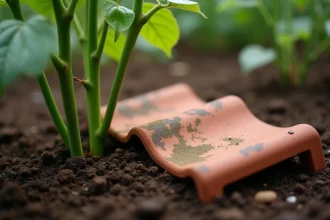 Tuile en terre cuite posée à côté d'un plant de tomates dans un potager pour conserver l'humidité du sol