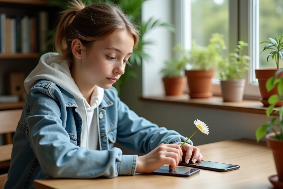 Jeune fille utilisant PlantNet sur smartphone pour identifier une fleur sauvage à la maison