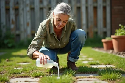 Femme versant du vinaigre blanc sur des mauvaises herbes entre des dalles de jardin