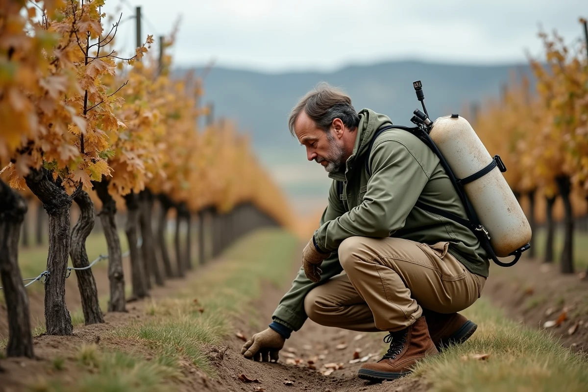 Viticulteur accroupi dans un vignoble français examinant le sol près d'un pulvérisateur de glyphosate