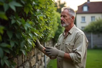 Homme observant une haie envahissante dépassant sur son jardin, séparée par une clôture en bois