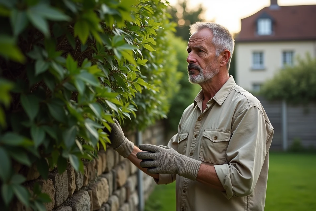 Homme observant une haie envahissante dépassant sur son jardin, séparée par une clôture en bois