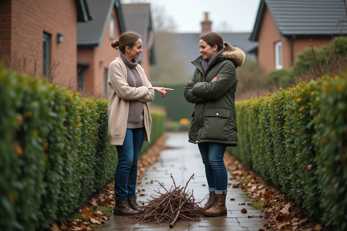 Deux voisines discutant d'un tas de branches à la limite de leurs jardins en automne
