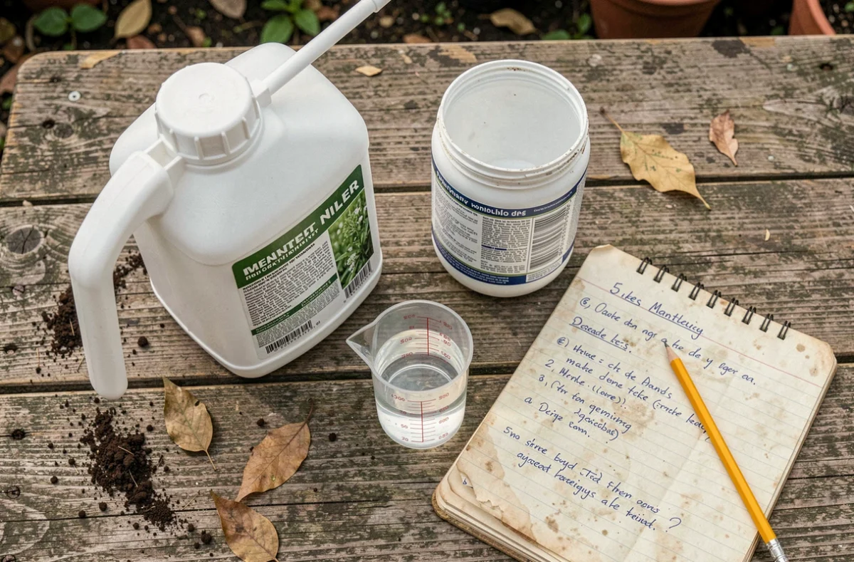 Vue du dessus du matériel de dosage glyphosate avec pulvérisateur 5 litres et éprouvette graduée sur table de jardin