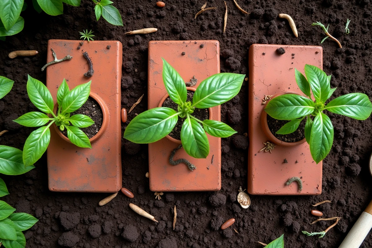 Vue de dessus d'un rang de plants de tomates avec des tuiles posées au sol pour favoriser l'humidité et attirer les auxiliaires
